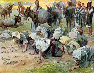 Abigail se arrodilla ante David por Tissot - Biblia