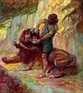 Sansón mata a un león por J James Tissot - Biblia de James Jacques Joseph after Tissot
