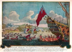 El desembarco de tropas de Nueva Inglaterra en la isla de Cabo Bretón para atacar Louisbourg, 1747 de James L. Brooks