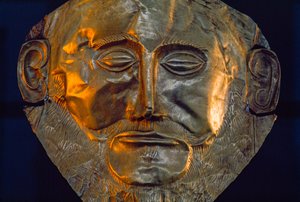 Máscara funeraria de la Edad de Bronce. Museo Arqueológico Nacional, Atenas, Grecia.