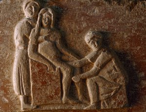 Un relieve de la tumba de un matrimonio romano muestra a una mujer dando a luz. Museo A... de James L Stanfield