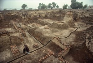 Vista general de una fosa rellena con restos de muros de ladrillo, un pozo de ladrillo. HARAPPA E... de James L Stanfield