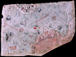 El mapa de Piri Reis Haritasi terminado en 1513. MUSEO DEL PALACIO TOPKAPI, ESTAMBUL, TURQUÍA.