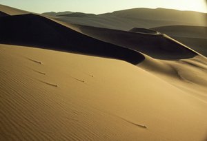 Vista de dunas sombreadas y recortadas cerca de Dunhuang. Provincia de Gansu, República Popular China.