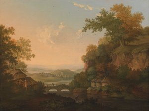 Escena fluvial con cabañas de paja junto a un puente sobre un embalse de James Lambert  of Lewes