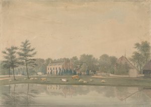 Vista noreste de una casa en Ringmer con ganado vacuno y ovino junto a un estanque de James Lambert  of Lewes