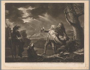 David Garrick como el Rey Lear con el Conde de Kent y Edgar disfrazado de Tom en un paisaje tormentoso de James McArdell