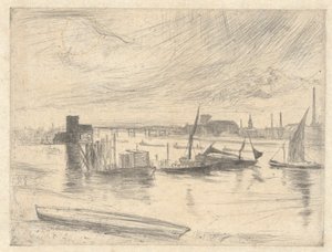 Battersea Dawn (Cadogan Pier), from the Thames Set (Una serie de dieciséis grabados de escenas en el Támesis y otros temas) de James Abbott McNeill Whistler