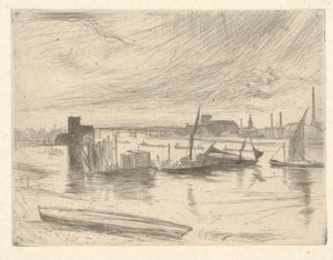 Battersea Dawn (Cadogan Pier), from the Thames Set (Una serie de dieciséis grabados de escenas en el Támesis y otros temas) de James Abbott McNeill Whistler