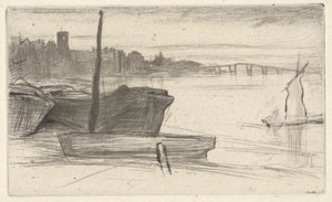 Chelsea Bridge and Church, from the Thames Set (una serie de dieciséis grabados de escenas en el Támesis y otros temas) de James Abbott McNeill Whistler