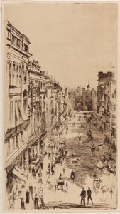 Calle St. James; reproducción litográfica invertida del grabado "Calle St. James," para Vanity Fair, Londres, 1878 de James Abbott McNeill Whistler