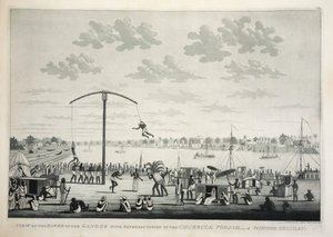 Vista en las orillas del Ganges con representación del Churruck Poojah, pub. 1810 grabado
