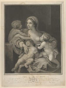 Caridad sentada amamantando a un bebé, otro durmiendo en su regazo y un tercero hablando con ella, 1793 de James Parker