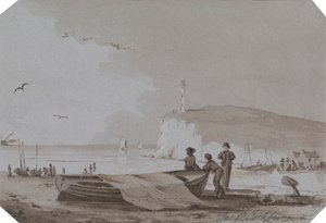 Escena costera con figuras, barcos, faro, etc. de James Pattison Cockburn