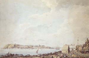 Una vista desde la ciudad de Quebec, la capital de Canadá, tomada desde la casa del ferry en el lado opuesto del río, el 3 de octubre de 1784 (pluma y tinta y acuarela sobre papel) de James Peachey