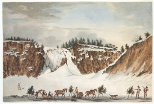 Vista de las cataratas de Montmorenci en invierno desde el camino sobre el hielo frente a ellas, tomada el 12 de abril de 1781, grabado por John Wells de James Peachey