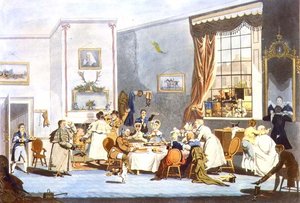 Pasajeros de diligencia en el desayuno