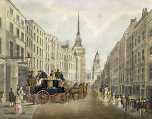 El coche de Cambridge saliendo del patio de Belle Sauvage, Ludgate Hill de James Pollard
