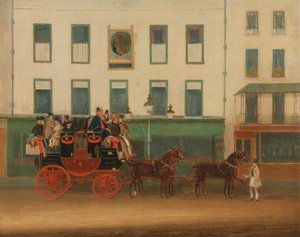 La diligencia Londres-Manchester, "the Peveril of the Peak", frente al Peacock Inn, Islington. de James Pollard