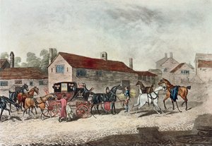 El coche de correos cambiando caballos, grabado por R. Havell, 1815 de James Pollard