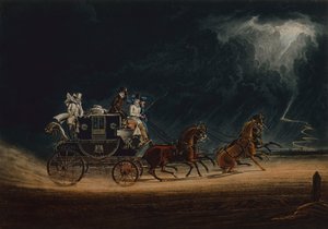 El coche de correo en una tormenta en Newmarket Heath de James Pollard