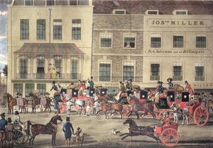 Correos del Oeste en la Casa de Café de Gloucester, Piccadilly, grabado por C. Rosenberg, 1828