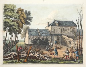 Castillo de Hougoumont: muestra a los muertos siendo enterrados después de la batalla de James Rouse