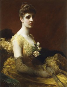 Retrato de Lady Dixon de Rheda, tres cuartos de longitud, sentada con un vestido amarillo con flores y sosteniendo un abanico de James Sant