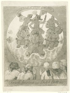 Spotprent op de Franse invasie, 1795 Invasión francesa sobre fondos holandeses. Ombres Chinoises / Terror the Order of the Day (título sobre objeto)