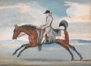 Caballo de carreras durante el entrenamiento, montado por un mozo de cuadra encargado del entrenamiento