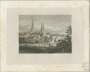 Catedral de Lichfield - Vista norte noroeste (distante): grabado de James Storer