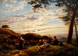 Niños pastores cuidando su rebaño al atardecer de James Thomas Linnell