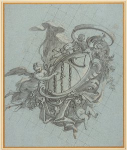 Un escudo con un cuerno y tres cadenas sostenidas por un ángel y dos putti de James Thornhill