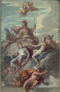 Juno, Minerva y Venus despachando a Mercurio con la manzana de la discordia, c.1718 de James Thornhill