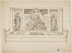Neptuno y Anfítrite flanqueados por Júpiter y Juno: diseño para banco pintado de recibidor o jardín