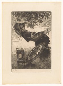 mujer joven, lectura, en, un, hamaca