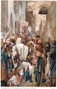 Mujer con flujo de sangre tocando el borde del manto de Jesús y siendo sanada, c. 1890 de James Tissot