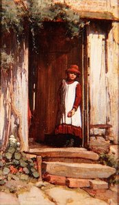 En la puerta de la cabaña de James Valentine Jelley
