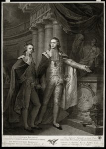 Retratos de los Grandes Duques de Rusia Alejandro I Pavlovich (1777-1825) y Constantino Pavlovich (1779-1831). Obra de James Walker (1748-c. 1808), grabado de 1797. Arte inglés