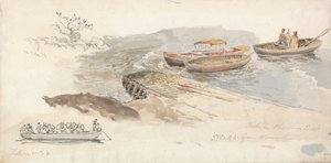 Un bote con toldo y dos botes de remos en un embarcadero; en el recuadro de la izquierda, un estudio a lápiz del transbordador de ganado de Tintern. de James Ward