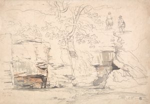 Una ladera rocosa con árboles y figuras de James Ward