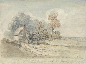 Una cabaña con techo de paja y árboles en la curva de un camino rural de James Ward
