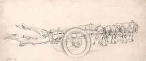 Un carro de madera cargado de troncos, tirado por un par de caballos y un par de bueyes de James Ward