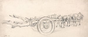 Un carro de madera cargado con troncos de árboles, tirado por un par de caballos y un par de bueyes de James Ward