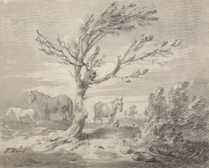Paisaje con tres caballos y un árbol en primer plano de James Ward