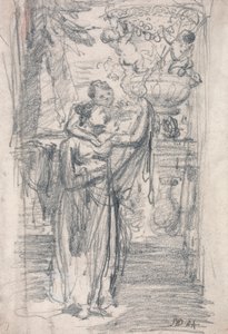 Dos niñas (o una dama y su hijo) en una terraza cerca de una urna ornamental de James Ward