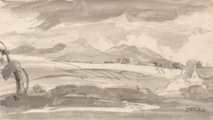 Vista de campos y montañas lejanas, con una cabaña a la derecha de James Ward