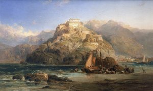 Vista de San Sebastián (España), en el centro, el monte Urgull y los edificios del castillo de Santa Cruz de la Mota. Óleo sobre lienzo de James Webb (activo entre 1853 y 1888). de James Webb