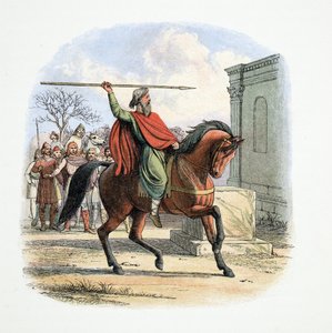El sumo sacerdote, Coifi, profana el templo de los ídolos, 627 d.C., de Una crónica de Inglaterra 55 a.C. a 1485 d.C., pub. Londres, 1863 de James William Edmund Doyle