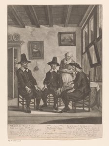 Tres hombres en consulta mientras una joven escucha en el marco de la puerta El Plan de Padres / o / Consulta Matrimonial (título sobre objeto) de James Wilson